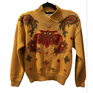 Vintage SK & Company Wool Blend Pullover Mustard Sweater Size Medium Embroidered